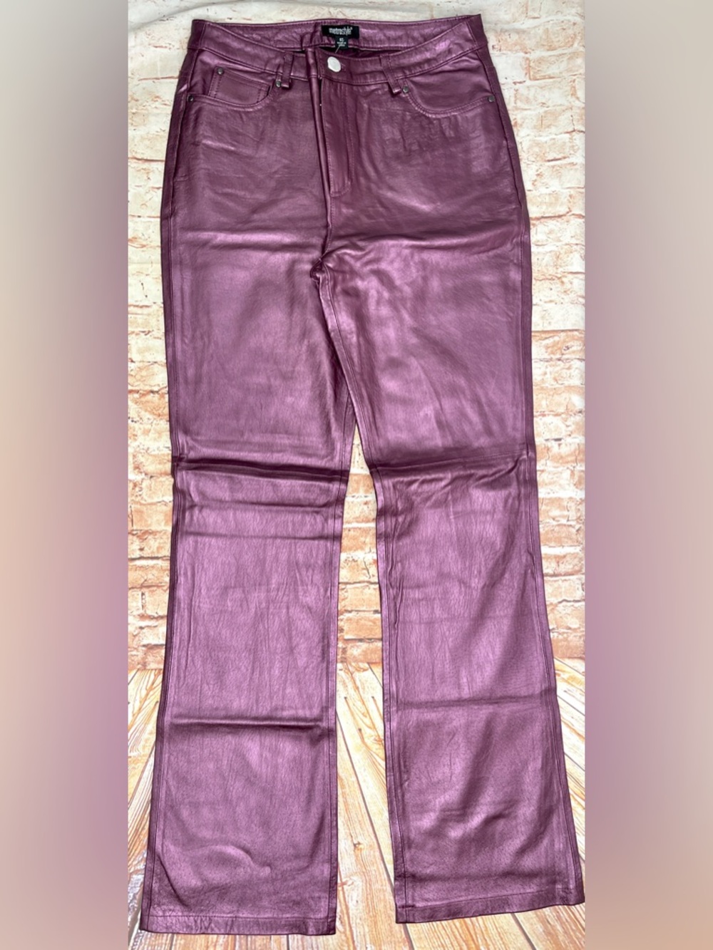 MetroStyle | Metallic Plum Leather Straight-Leg Pants